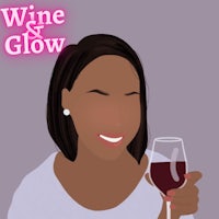 a woman holding a glass of wine with the words wine and glow