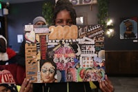 a woman is holding up a collage of pictures