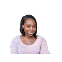 a black woman smiling in front of a black background